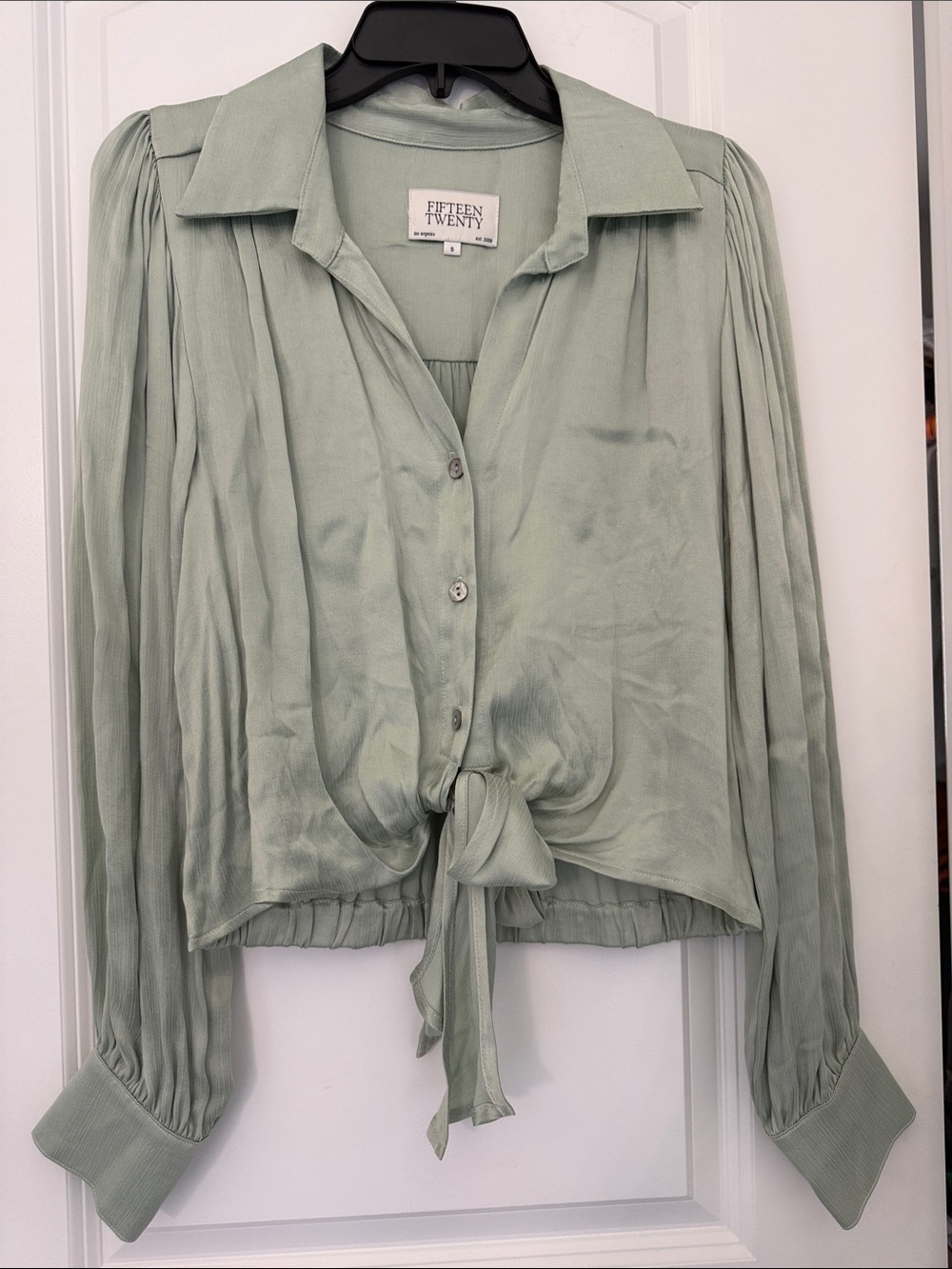 Fifteen Twenty Light Sage Button-Front Tie Blouse